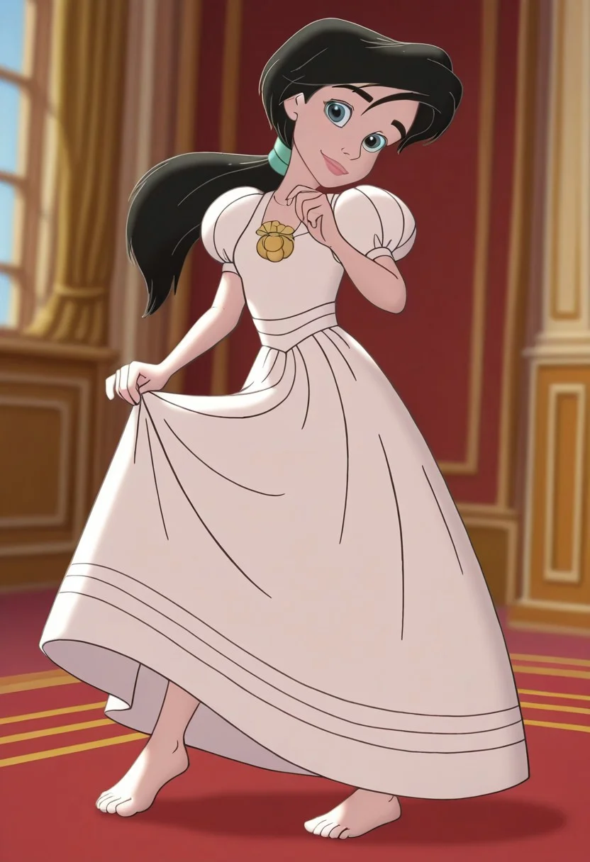 (screencap, official style:1.2), blurry background,
1girl, small breasts, (MelodyXL:1.1), black hair, blue eyes, ponytail, makeup, dress, puffy sleeves, necklace, full body, barefoot, feet, long skirt, light smile, dutch angle, one hand up, one dress lift, from side, head tilt, cute pose, looking at viewer, indoors, mansion, dynamic pose, cowboy shot, warm light, daylight,
<lora:Melody_character-12:1>