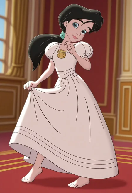 (screencap, official style:1.2), blurry background,
1girl, small breasts, (MelodyXL:1.1), black hair, blue eyes, ponytail, makeup, dress, puffy sleeves, necklace, full body, barefoot, feet, long skirt, light smile, dutch angle, one hand up, one dress lift, from side, head tilt, cute pose, looking at viewer, indoors, mansion, dynamic pose, cowboy shot, warm light, daylight,
<lora:Melody_character-12:1>
