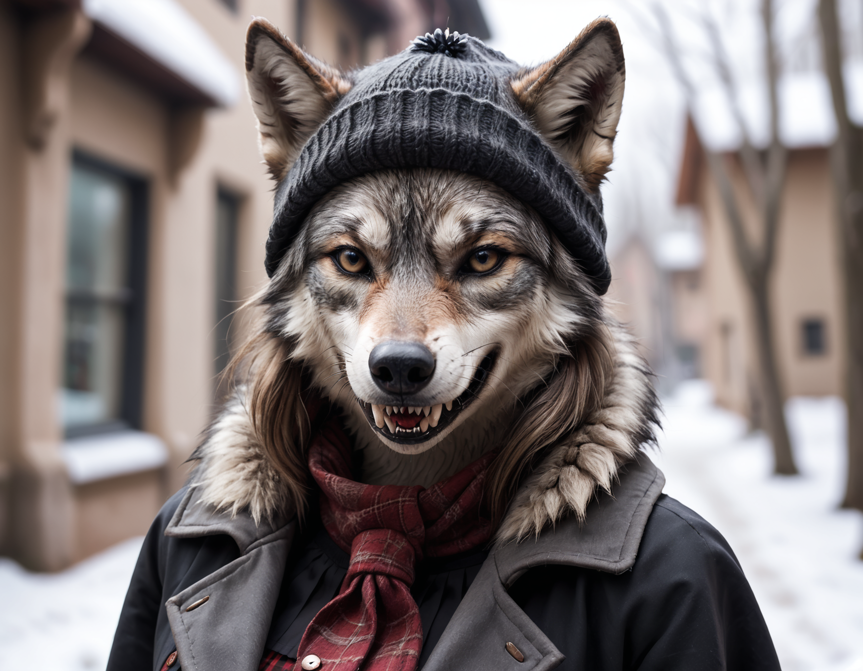 closeup photo anthro female wolf wearing a coat, skirt, and beanie, fangs