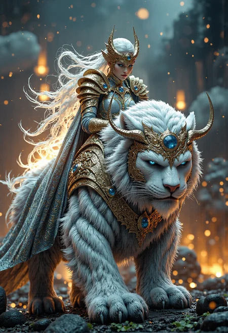 An awe-inspiring fantasy scene featuring a powerful warrior queen atop a colossal white tiger with piercing blue eyes. The queen is adorned in intricately detailed armor with golden and blue accents, displaying feathers and gemstones that catch the light, lending an air of regality. Her golden crown, adorned with tall, flame-like antlers, complements her flowing hair that dances in the wind. The tiger, equally majestic, is equipped with golden and sapphire-encrusted armor that enhances its formidable appearance. Its massive horns curve gracefully, framing its intense, intelligent gaze. The background reveals a stormy, mystical sky, with dark clouds swirling, giving an impression of impending adventure and untamed power. heroic, glorification, epic, backlit. <lora:FluxMythP0rtr4itStyle.safetensors:0.5>, <lora:BeautyInEvilFlux.safetensors:0.75>, <lora:aiai-Glimra-Flux-Dev-v2.safetensors:0.35>, <lora:Movie_Portrait.safetensors:0.8>, <lora:lith_mimosa_kiel_grw134_FLUX.safetensors:0.7>,