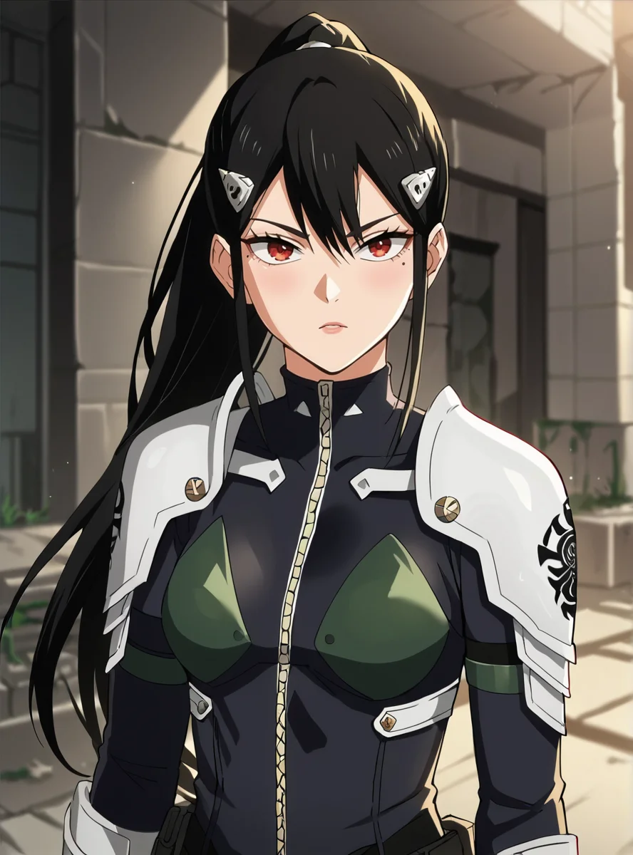 , score_9, score_8_up, score_7_up, score_6_up, score_5_up, score_4_up, source_anime, masterpiece , anime screencap, absurdres, <lora:MinaAshiro:0.8>minaashiro, black hair, ponytail, long hair, hair ornament, mole under eye, mole, red eyes bodysuit, armor, wide_hips upper body, destroyed_city ruins, looking at viewer,