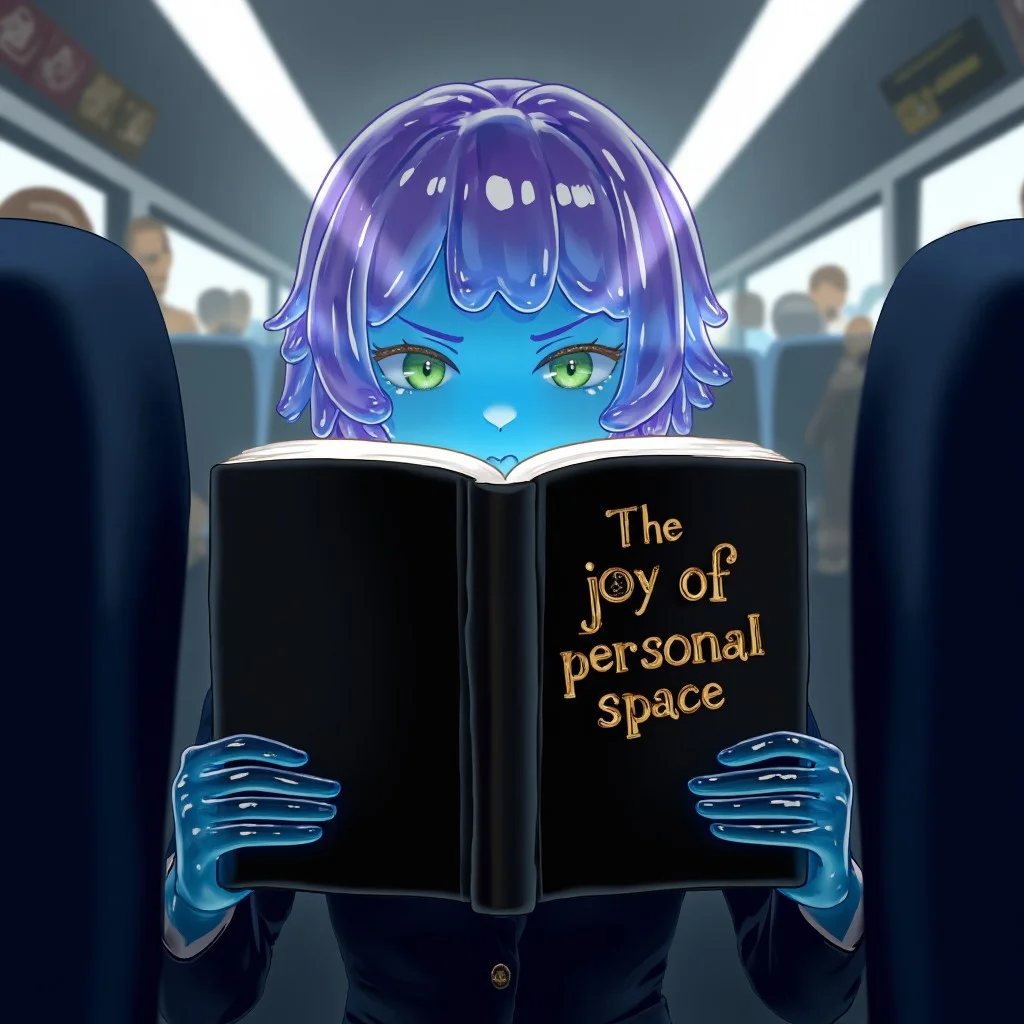 wizardslimus, slime girl, [blue|green] slime skin, standing in a bus, angry, hiding behind open book, (text on book cover what says "The joy of personal space"), rush hour, green eyes, short hair, curly hair tips, purple hair, perfect eyes, close up, wears suit, transparent hair, transparent hands, detailed, masterpiece, volumetric light, between people shoulders, looking at viewer, transparent face, realistic, photo, black book, shiny golden text
