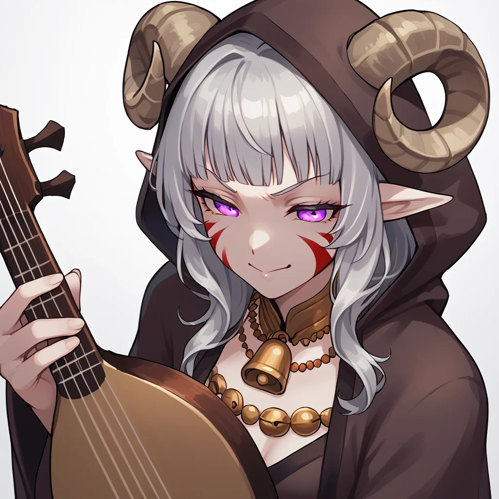 <lora:lute_instrument_holding_instrument:0.8> holding_instrument, lute_(instrument), source_furry, score_7_up, rating_safe, cowboy shot, gold necklace, tiefing, short pointed ears, horns, (a pair of brown sheep Horns that begin at her temples and curve back: 1.5), bangs,long silver hair long wavy hair, pale skin, claw red face paint below eyes:1.5, pointy ears, purple eyes:1.2, <lora:age_slider_v4:0.6> medium breasts, skinny female, close up, silver hair <lora:Tieflingnew weird fantasyDND:0.3> Tiefling, pointed ears, horns, from above, angry, half-closed eyes:1.5, smile mouth:1.2,<lora:Smooth Style 2 SDXL_LoRA_Pony Diffusion V6 XL:0.5> shepherd's crook, bell, robe, hood off, <lora:Nanoless_Artist_Style_PonyXL:0.3> ,