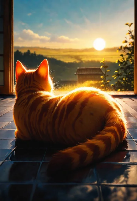 two cat, Rooftop, outdoor, blue sky, water colour, A tranquil and picturesque photograph of two ginger cats lounging on the traditional tiled roof of an old-style building. One cat is peacefully lying down with its eyes closed, basking in the warmth of the sun, while the other is actively exploring, stepping carefully along the curved tiles. The cats' vibrant orange fur contrasts beautifully with the dark blue-gray tones of the roof tiles, creating a harmonious yet visually striking composition.
In the background, the blurred view of a traditional structure with wooden windows and intricate detailing adds depth and context to the setting. Bright green leaves from a nearby tree hang into the frame, illuminated by sunlight, adding a fresh and lively touch to the otherwise calm and serene scene.
The natural lighting enhances the colors and textures, with the sunlight casting soft shadows across the roof and accentuating the curves of the tiles. The overall atmosphere is peaceful and idyllic, capturing a quiet moment of life in a traditional, rural environment. (((masterpiece,best quality,newest,absurdres,highres)))