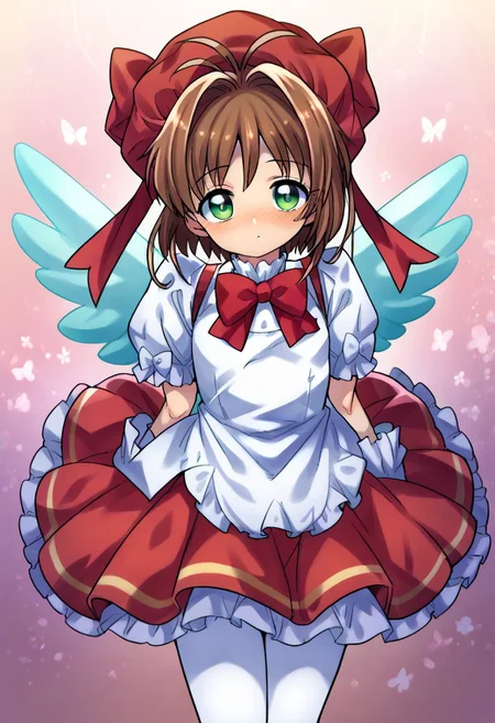 (zPDXL3), 
(zPDXLxxx), 
Expressiveh,
1girl, 
solo,
Kinomoto_Sakura,
green_eyes, brown_hair, short_hair, antenna_hair, hair_intakes, flat_chest, magical_girl, white_gloves, red_dress, puffy_sleeves, red_bow, white_pantyhose, frills, red_headwear, white_wings,
pose,
