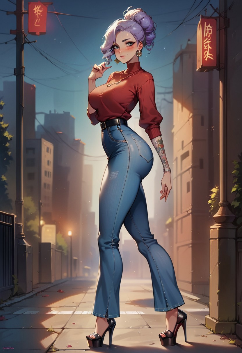 score_9, score_8_up, score_7_up, score_6_up, score_5_up, score_4_up, solo, 1girl, pretty 25 year old girl, tattoogirl, light purple hair, curly hair, hair until shoulder, blush, freckles, seducing viewer, modest look, big grey eyes, (perfect eyes), big necklace, small earrings, blush, sweater_top, (sweater_top material: pullover style), short long sleeves, large full breasts, wide hips narrow waist, big round bubble butt, Flared jeans, Flared pants, black belt, long legs, sexy legs, high heels, shiny skin BREAK outside, blue sky, city, busy street, many people on the street, standing, close up, front view, (front view 3/4), side view, (side view 1/4), sexy pose,