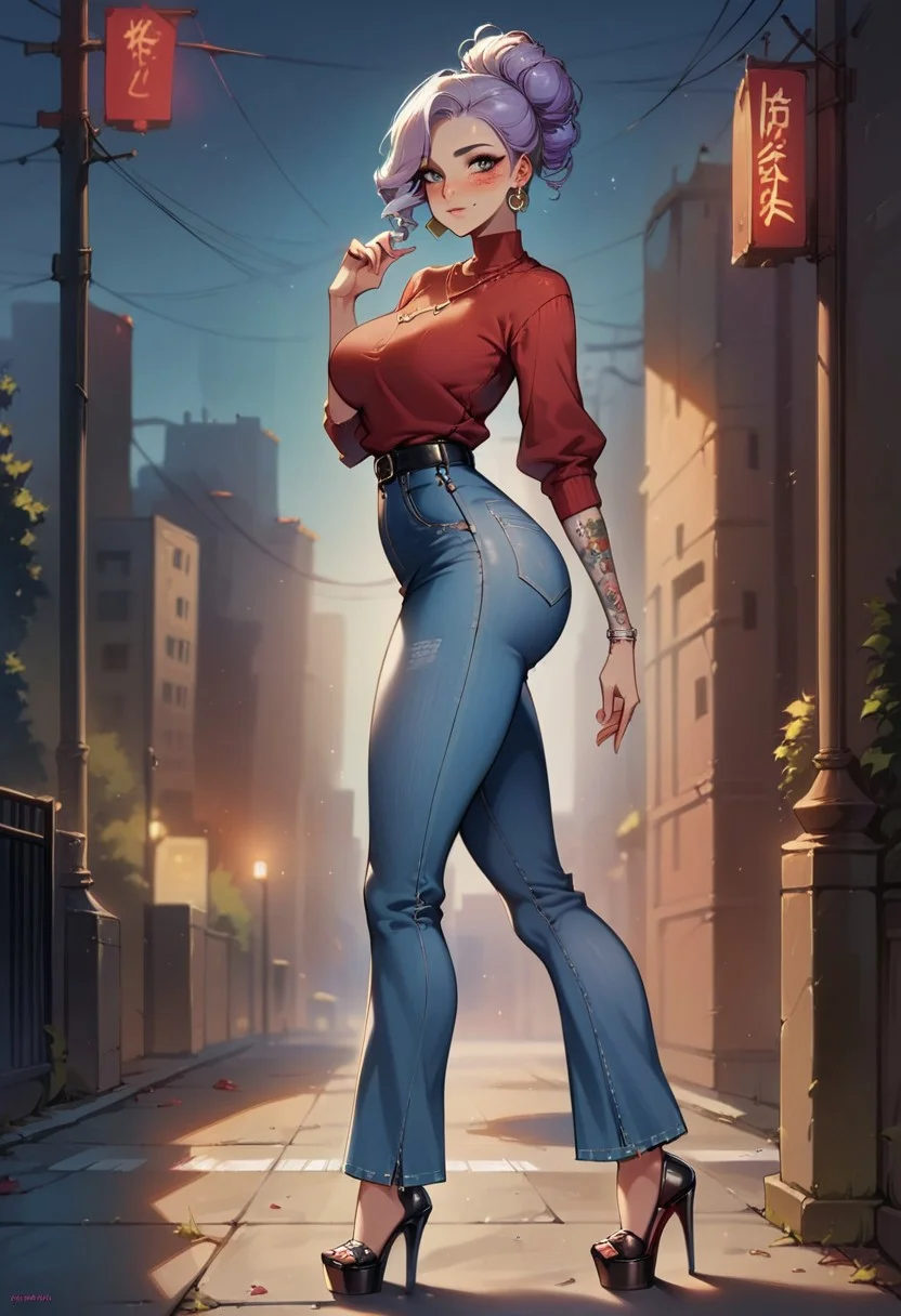 score_9, score_8_up, score_7_up, score_6_up, score_5_up, score_4_up, solo, 1girl, pretty 25 year old girl, tattoogirl, light purple hair, curly hair, hair until shoulder, blush, freckles, seducing viewer, modest look, big grey eyes, (perfect eyes), big necklace, small earrings, blush, sweater_top, (sweater_top material: pullover style), short long sleeves, large full breasts, wide hips narrow waist, big round bubble butt, Flared jeans, Flared pants, black belt, long legs, sexy legs, high heels, shiny skin BREAK outside, blue sky, city, busy street, many people on the street, standing, close up, front view, (front view 3/4), side view, (side view 1/4), sexy pose,