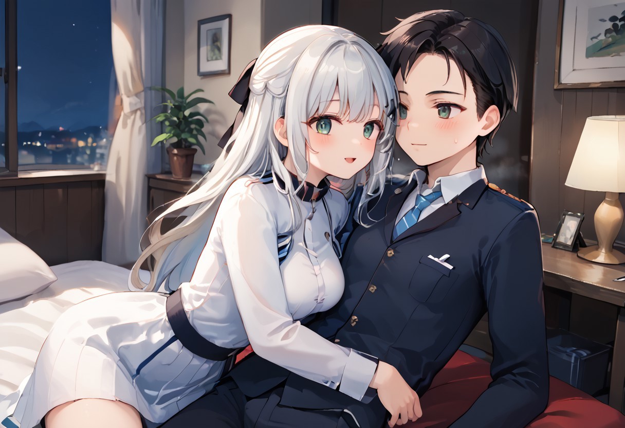 source_anime, ultra HD, best quality, BREAK 1girl, BREAK 1 boy, he undressing her wife clothes,open clothes,bedroom,most beautiful girl on village, white long hair girl,sidetail hair,black ribbon hairtie,wife hugging husband,husband stimulate his wife,girl half awake eye,1 night not enough she want another round,their first night ,encourage her it only hurt a little ,she agree then ready to do it 👉👌,💦💦👉👌💦💦🫶💑