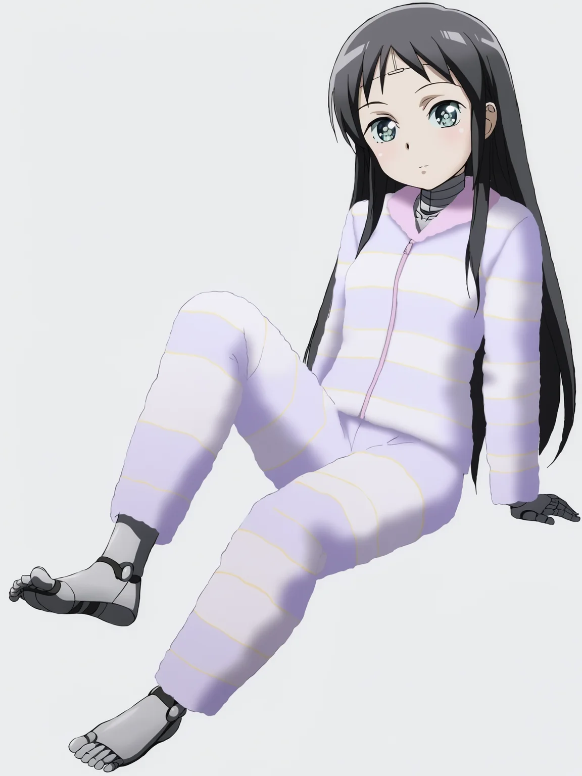 score_9, source_anime, masterpiece, best quality, white background:1.2, <lora:Mina_PDXLv0.1:0.8> 1girl, mina, long hair, looking at viewer, small breasts, full body, legs, feet, pajamas, head tilt, robot,, detailed, beautiful
