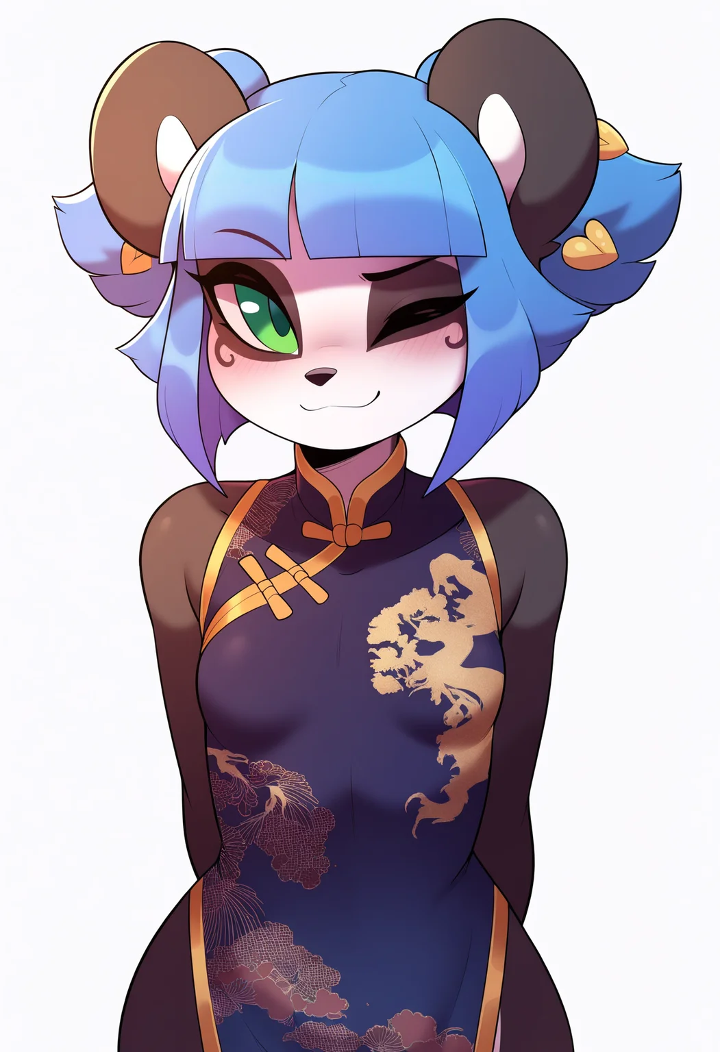 masterpiece, best quality, very aesthetic, absurdres,
1girl, nuwa, blue hair, blunt bangs, twintails, green eyes,
furry female, panda, animal ears, animal nose, blush, body fur, collarbone,
blue qipao dress, china dress,
smile, wink,
upper body, arms behind back,
solo, looking at viewer, simple background, white background, <lora:NuwaNoobXL_byKonan:1>