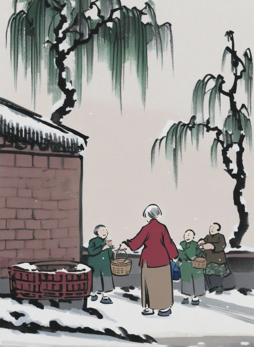 masterpiece,1old lady chatting with passers-by people,snowy,tree,plants,dark red cheongsam,1gril|1boy| is holding baskets,brown cheongsam,green cheongsam,wild,Chinese modern comics,Chinese modern comics style,<lora:Chinese modern comics style_epoch_4:1>,