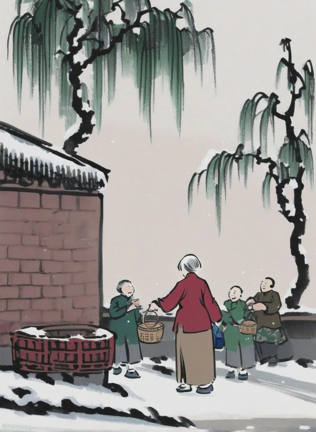 masterpiece,1old lady chatting with passers-by people,snowy,tree,plants,dark red cheongsam,1gril|1boy| is holding baskets,brown cheongsam,green cheongsam,wild,Chinese modern comics,Chinese modern comics style,<lora:Chinese modern comics style_epoch_4:1>,