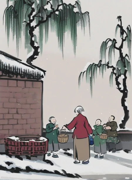 masterpiece,1old lady chatting with passers-by people,snowy,tree,plants,dark red cheongsam,1gril|1boy| is holding baskets,brown cheongsam,green cheongsam,wild,Chinese modern comics,Chinese modern comics style,<lora:Chinese modern comics style_epoch_4:1>,