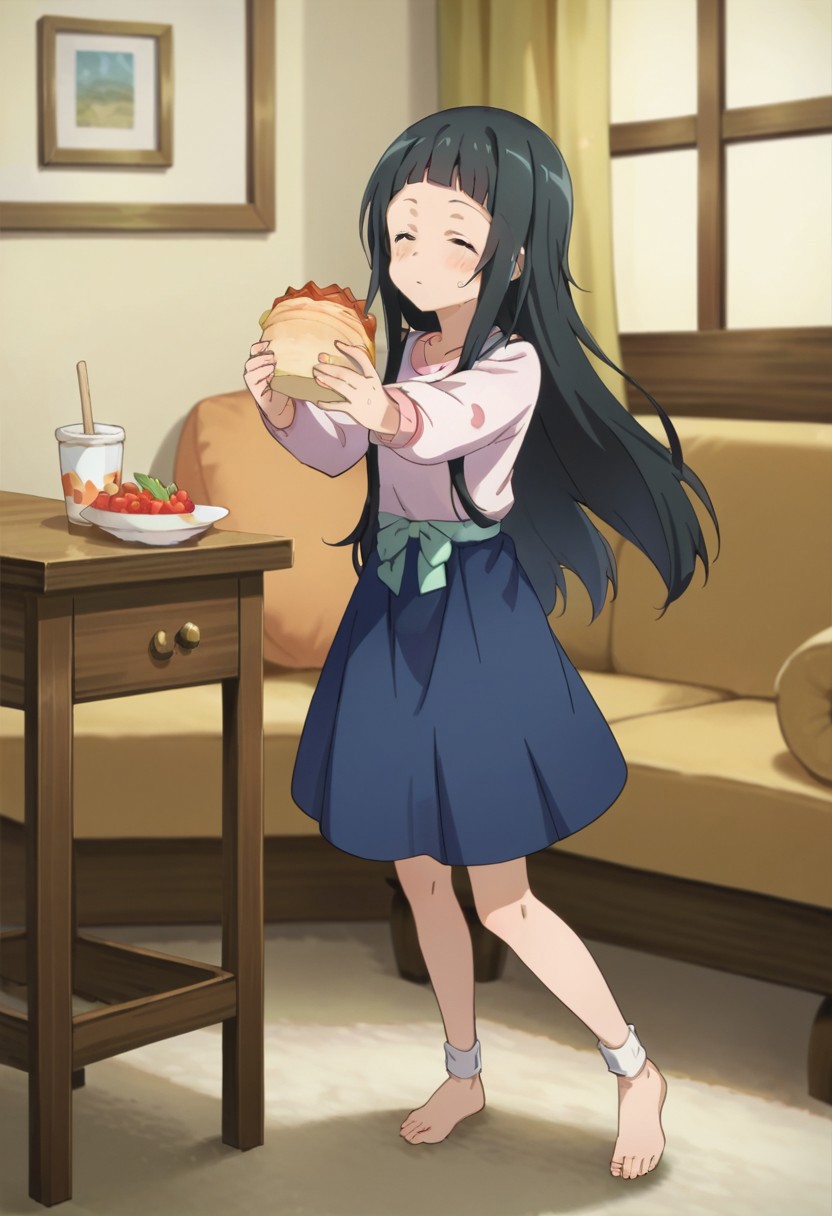 score_9, score_8_up, score_7_up, source_anime, yui (sao), barefoot, indoors, blush, closed eyes, long sleeves, holding food, bow, outstretched arms, skirt, socks
