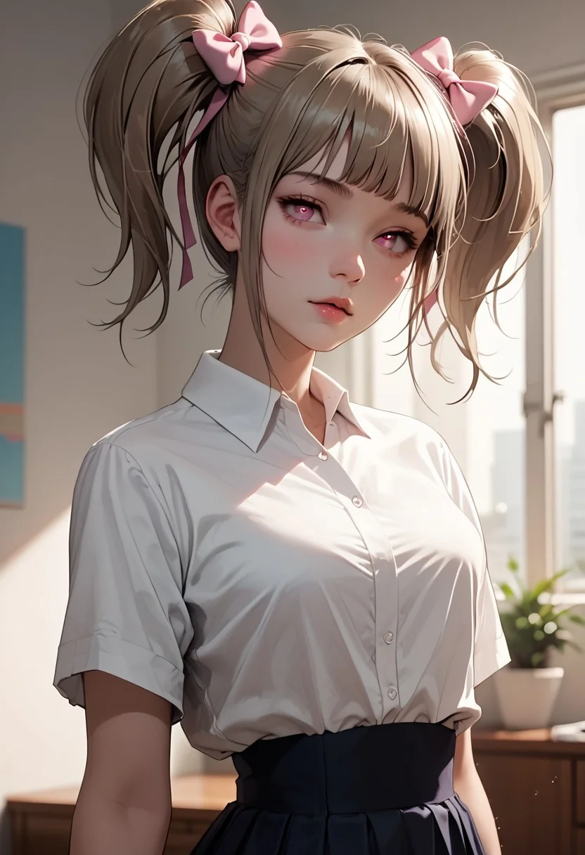 score_9, score_8_up,score_8, score_7_up,score_7,
masterpiece, high quality, solo, slim waist,small ass, sensual, seductive,high contrast,
medium shot, 45 degree angle, soft focus, shallow depth of field,portrait,
apartment,
 <lora:Ruri:0.6> ruri_cinn, bangs, 1girl, pink eyes, twintails, hair bow,skirt,