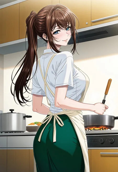 masterpiece, best quality, newest, highres, uncensored, 1girl, yokota mamoru style,1girl, slender face,motion lines,blush,torogao,looking at the viewer,seductive smile
Asai Sayaka,Brown Hair, Ponytail,Blue Eyes,Medium Breasts, Slim,long hair
1girl,solo
1girl, solo, long hair, nake apron, cooking, from behind, skirt, kitchen, indoors, short sleeves, food, green skirt