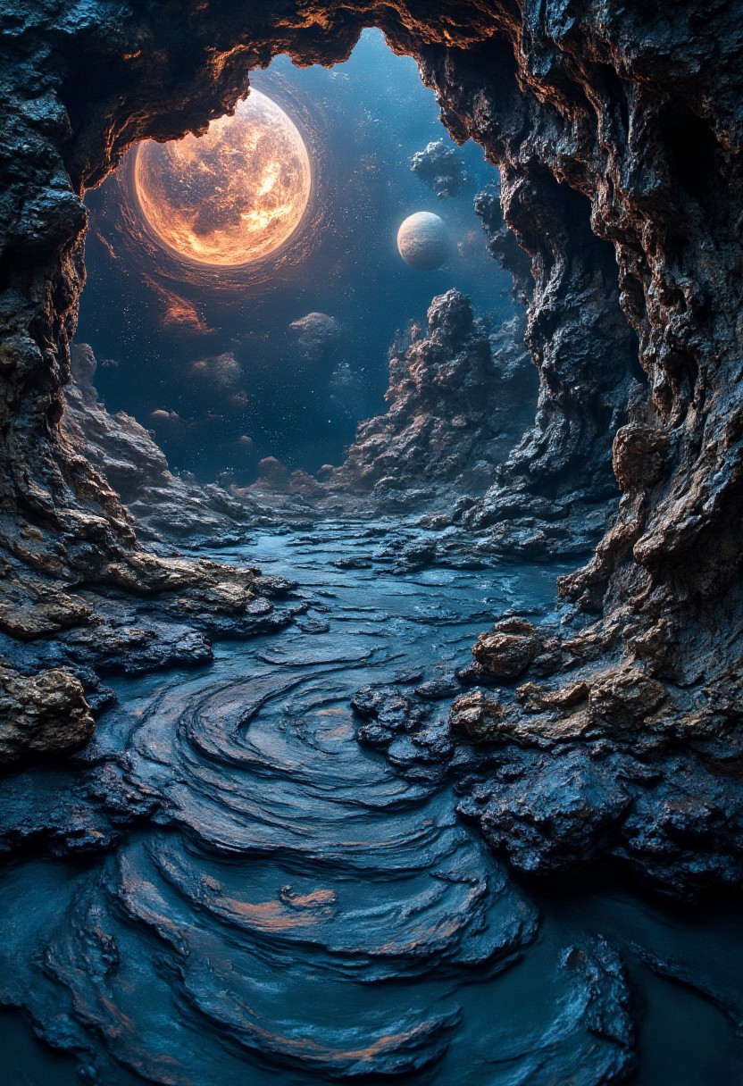 (masterpiece:1.1), (highest quality:1.1), (HDR:1.0), (cinematic masterpiece), (cinematic spotlight), ((caustic)), ultra wide shot, super detail, cinematic lighting, HDR, impressive, ultra resolution photo of an imaginative and otherworldly scene of an ocean filled with planets, stars, and nebulas, hyperrealistic surrealism, award winning masterpiece with incredible details, epic stunning, (natural skin texture, hyperrealism, soft light, sharp), fantasy00d