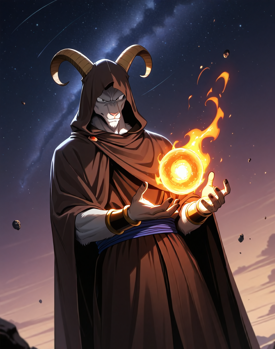 <lora:Moro_Hooded_Form_(Dragonball_Z)_(Illustrious)_(AD):1.35> Moro, hooded cloak, goat, 
dutch angle, exterior, outer space, asteroid field, 
male focus, gradient coloring, solo, cowboy shot, soft shading, old, aged up, dark picture, tattered brown cloak, consuming energy with magic, in the style of the anime Dragonball Z and Dragonball Super, 
BREAK very awe, aesthetically pleasing, masterpiece, best quality, amazing quality, very aesthetic, perfect depth of field shot, in'ei, furry_art, source_furry, source_anime,
EZRealPONYXL, zPDXL, Smooth Quality, lazympos, IllustQualXL_Pos,