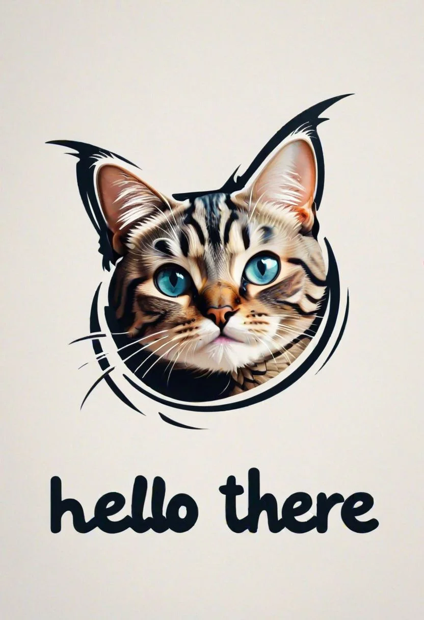 "Hello there" text logo, upside down cat