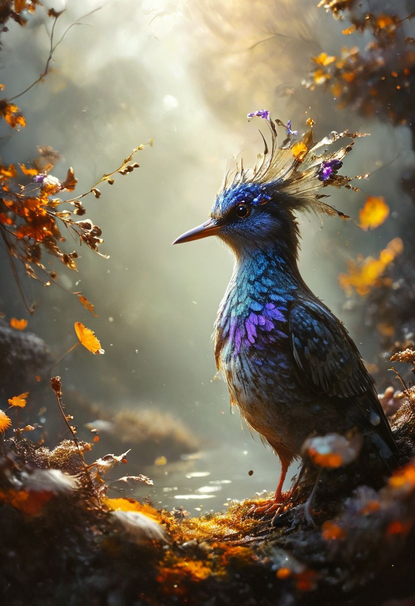 ral-apoctvisn, dark, chiaroscuro, low-key, breathtaking masterpiece showcasing a gorgeous little bird, Violet-crowned nymph,  bathed in soft, golden morning light, surrounded by vibrant bokeh balls that frame its delicate form. The image will be rendered in sharp detail, capturing every feather and intricate feature of the bird with stunning clarity. The soft, diffused lighting will enhance the warmth and radiance of its plumage, while high-quality bokeh adds a magical touch to the scene. Multiple image exposures will be expertly combined to emphasize the bird's vibrant colors and captivating gaze, resulting in a lifelike portrayal of tranquil beauty.
The artwork will feature shimmering digital colors in a mixed media style on textured paper, creating an overlapping, asymmetrical, abstract composition bursting with vibrant hues. Every inch of the image will be filled with intricate details, from the feathers of the nymph to the surrounding environment, all depicted in extreme detail. The wide range of colors will add depth and richness to the scene, with soft shadows and low saturation tones creating a serene yet evocative atmosphere.
With insane quality, resolution, and details, the final image will be a true masterpiece of nature photography, showcasing dramatic, dynamic, and cinematic elements. The sharp details will bring the scene to life, immersing viewers in the beauty and wonder of the Violet-crowned nymph in a way that is both breathtaking and captivating.