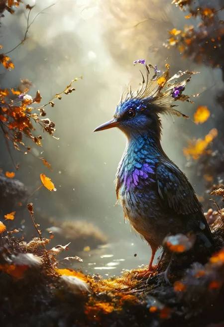 ral-apoctvisn, dark, chiaroscuro, low-key, breathtaking masterpiece showcasing a gorgeous little bird, Violet-crowned nymph, bathed in soft, golden morning light, surrounded by vibrant bokeh balls that frame its delicate form. The image will be rendered in sharp detail, capturing every feather and intricate feature of the bird with stunning clarity. The soft, diffused lighting will enhance the warmth and radiance of its plumage, while high-quality bokeh adds a magical touch to the scene. Multiple image exposures will be expertly combined to emphasize the bird's vibrant colors and captivating gaze, resulting in a lifelike portrayal of tranquil beauty.
The artwork will feature shimmering digital colors in a mixed media style on textured paper, creating an overlapping, asymmetrical, abstract composition bursting with vibrant hues. Every inch of the image will be filled with intricate details, from the feathers of the nymph to the surrounding environment, all depicted in extreme detail. The wide range of colors will add depth and richness to the scene, with soft shadows and low saturation tones creating a serene yet evocative atmosphere.
With insane quality, resolution, and details, the final image will be a true masterpiece of nature photography, showcasing dramatic, dynamic, and cinematic elements. The sharp details will bring the scene to life, immersing viewers in the beauty and wonder of the Violet-crowned nymph in a way that is both breathtaking and captivating.