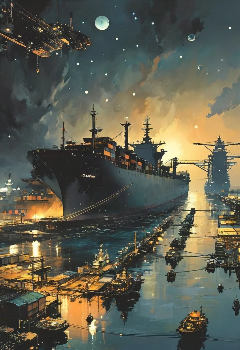 score_9, panorama landscape, architecture, ships, wharf, sea, cargo ship, megalophobia, tiny human, science fiction, a dark sky lit by the glow of distant moons and neon lights. Yoji Shinkawa, James Jean, Ayami Kojima, <lora:EnvyPanoramaXL01:0.5>
