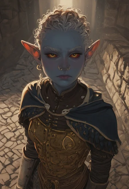 safe_pos, solo, short pointy ears, piercings, random elf face, aquiline features, female dark elf, brow rings, nose rings, beaded piercings, weathered skin, large nose, insect chitin armor, insect chitin helmet, insect chitin ornaments, stylized insect pattern, athletic build, animated realism, zoomed out, Syrian features, torso, brass pipes and gears, intricate architecture, dwarven masonry, dwemer fixtures, white-green light, gloomy lighting, ancient ruins, interior, stone tiled floor, grey-blue skin, mahogany and ivory clothes, medium armor, bone plate armor, ivory straps and fittings, alien bone ornaments, grey wood neckguard, red sclera, black pupils, blue-green light, neon, highly detailed, defined features, looking at viewer, three quarters view, from above, dynamic lighting, 19 years old, light and shadows, patterned cloth, annoyed expression, expressive eyes, detailed medieval clothes, medium_breasts, short hair, wavy hair, thick hair, beaded hair, braided hair, under cut hair, semirealistic, alien elf, spanish features, jewish features, white grey hair, dark red hair, umber skin, sharp features, pastel green inuit print cloak, nighttime, high detail, absurdres, pretty eyes, detailed eyes, yellow eyes,