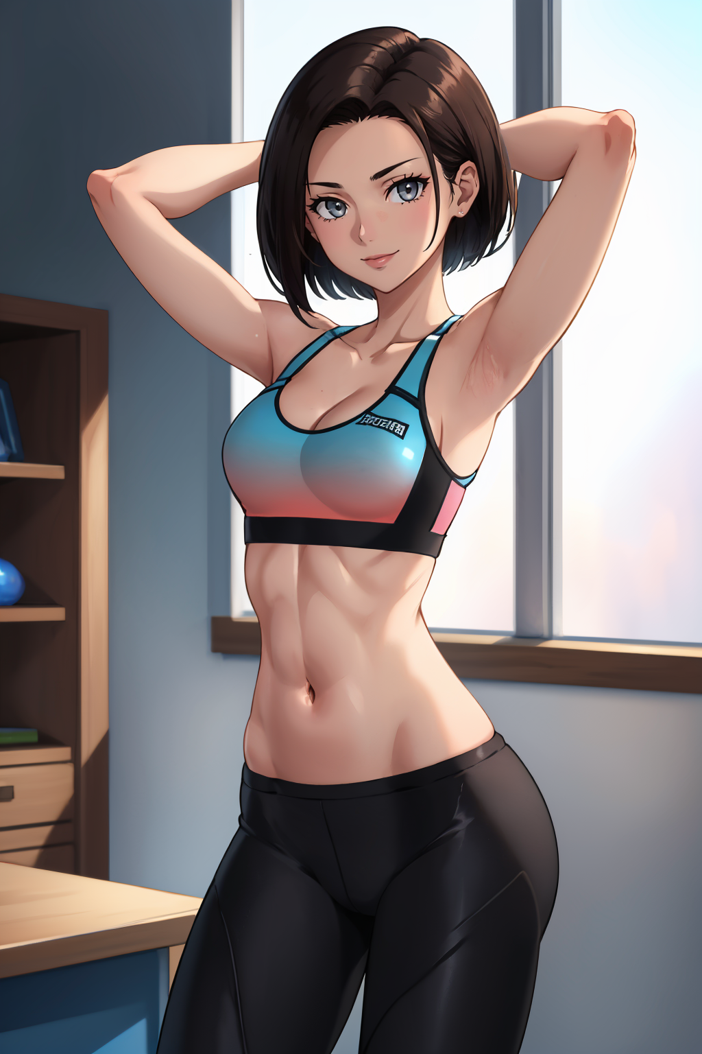 masterpiece, best quality, absurdres, beautiful, <lora:zs_Hiraguchi:1> hiraguchip5, short hair, grey eyes, sports bra, yoga pants, midriff, cleavage, cowboy shot, looking at viewer, smile, arms folded
