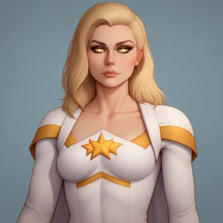 2d, score_9, score_8_up, score_7_up, score_6_up, score_5_up, score_4_up, Expressiveh, 1 girl, solo, intricate details, rating_adult, Expressiveh, WJS07style. starlight, blonde hair, beautiful woman, glowing_yellow_eyes, starlight_costume, flat lighting, intricate details, rating_adult, Expressiveh, WJS07style. beautiful woman, sexy pose.