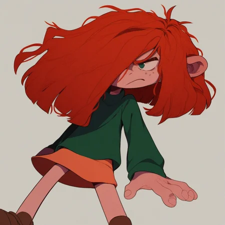 score_9, solo, FF, red hair, hair over one eye, freckles, green shirt, skirt