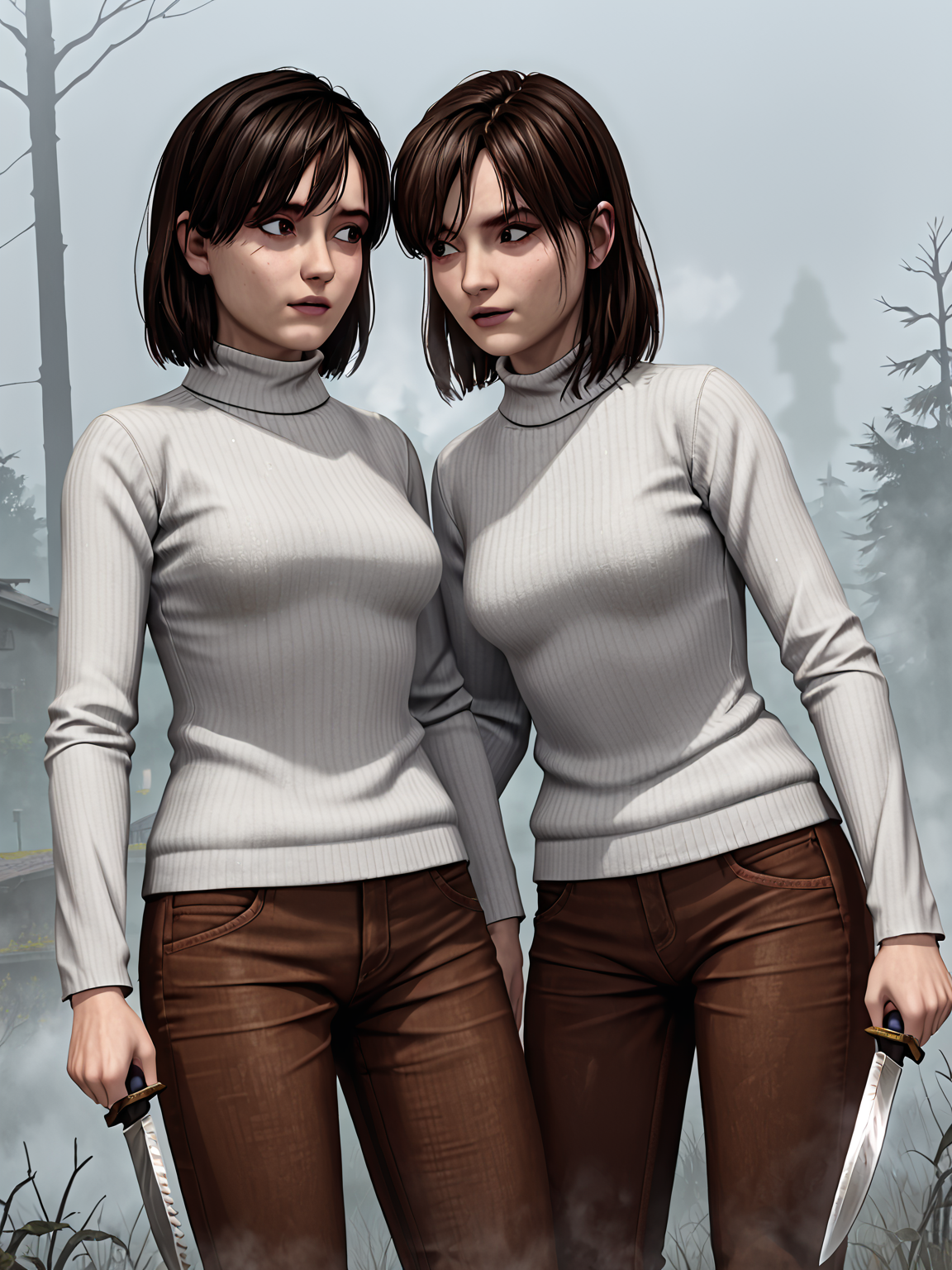 fog, mist, 2girls, source_3d, score_9, turtleneck sweater, brown pants
sh2rangela <lora:AngelaSH2andRemake:0.5> 
sh2angela <lora:Angela Orosco (Silent Hill 2):0.5> holding knife
