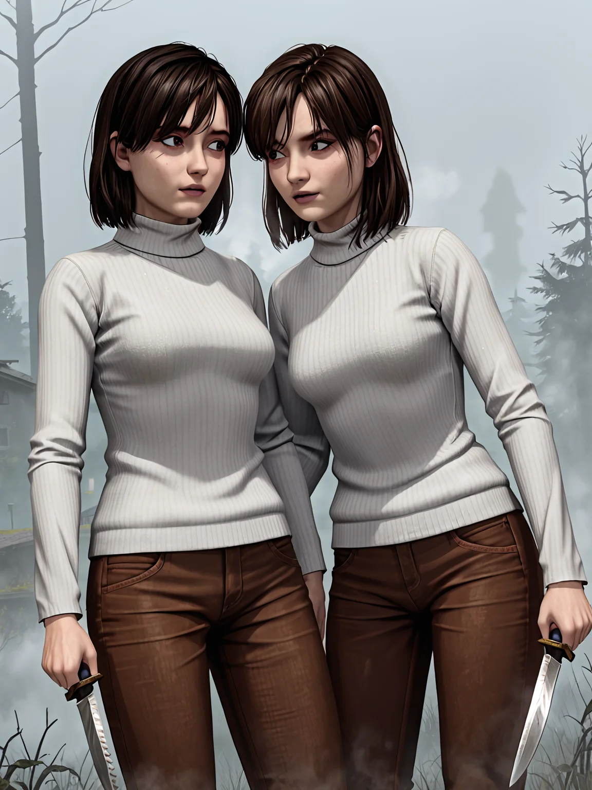 fog, mist, 2girls, source_3d, score_9, turtleneck sweater, brown pants
sh2rangela <lora:AngelaSH2andRemake:0.5>
sh2angela <lora:Angela Orosco (Silent Hill 2):0.5> holding knife