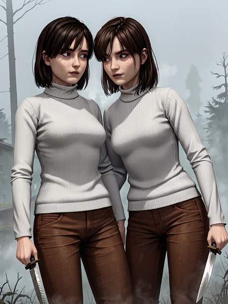 fog, mist, 2girls, source_3d, score_9, turtleneck sweater, brown pants
sh2rangela <lora:AngelaSH2andRemake:0.5>
sh2angela <lora:Angela Orosco (Silent Hill 2):0.5> holding knife