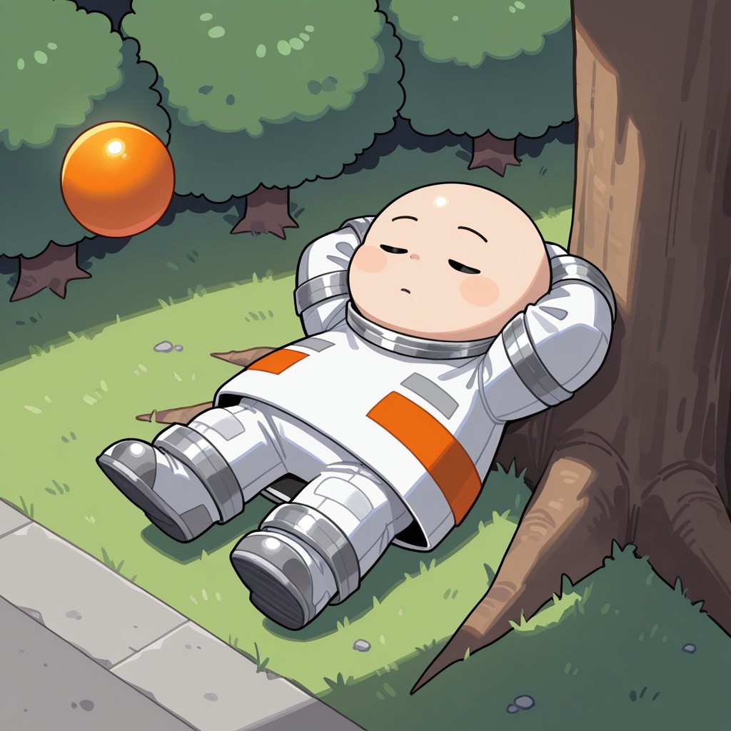 masterpiece, best quality, perfect quality, very awa, absurd res, newest, absolutely eye-catching, solo, 1boy, Opoona, Spacesuit, black eyes, dot eyes, chibi, orange floating ball, bald, sitting down, arms behind head, sleeping, tree, detailed background, high angle view