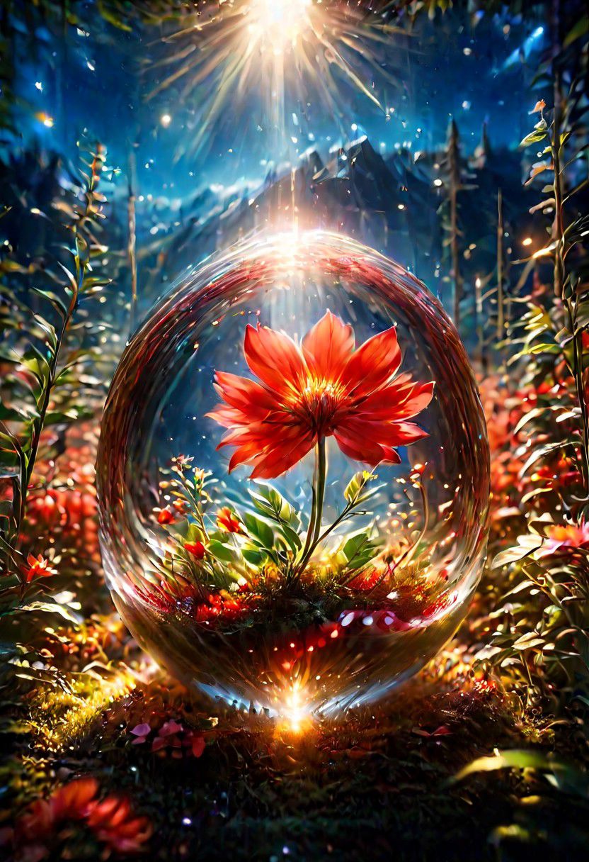 mountains, ((a scarlet flower glows in the mountains, magical light)), blur, white flower, butterfly, depth of field, ((night))