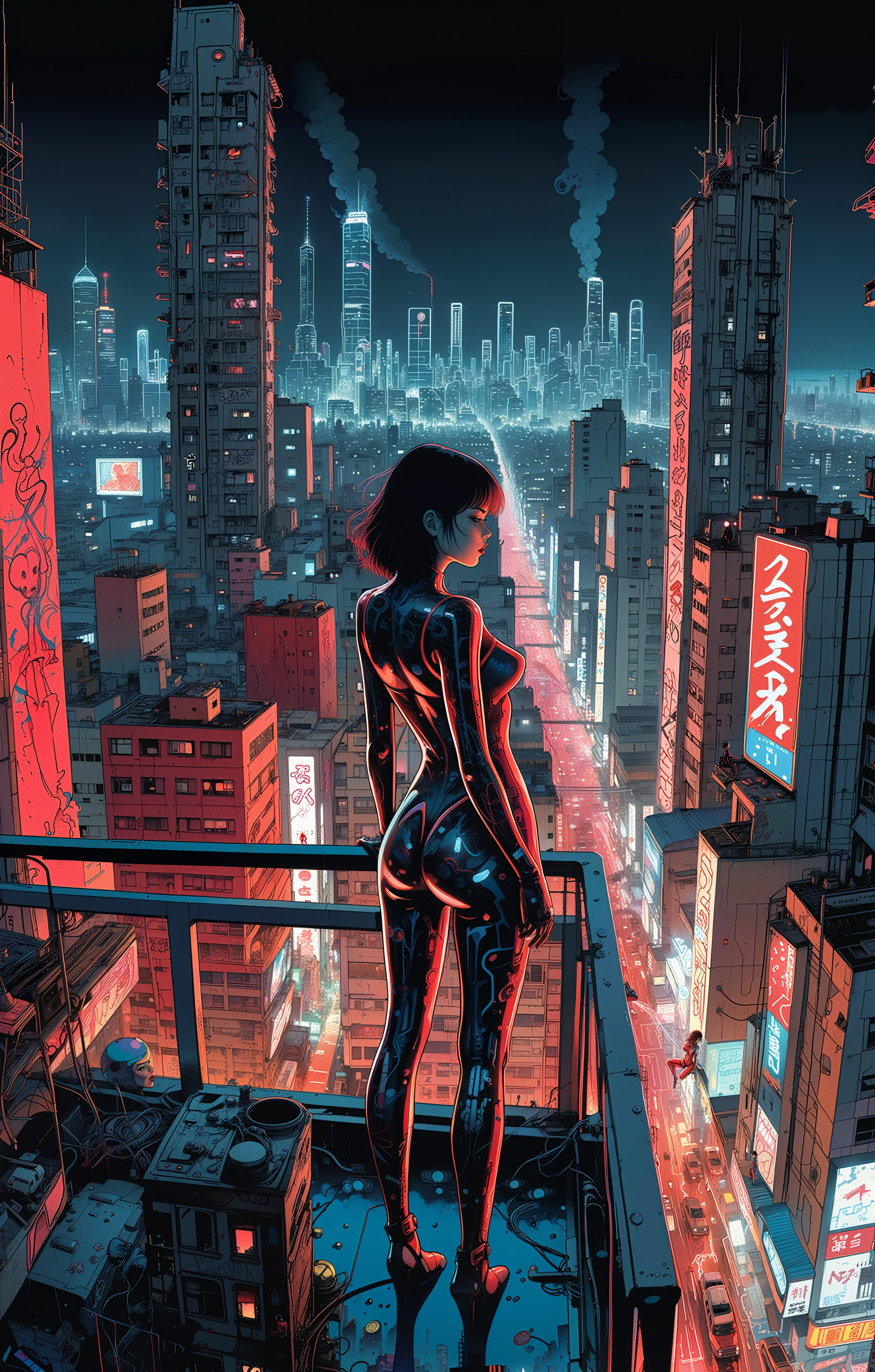 Illustration by Katsuhiro Otomo, A sprawling, futuristic cityscape at night, with towering neon-lit skyscrapers and chaotic streets filled with futuristic vehicles. In the foreground, a lone female wearing a full latex bodysuit stands on a balcony, overlooking the busy metropolis below. The atmosphere is filled with tensionâsmoke rises from distant fires, and the sky is tinged with dark neon reds and electric blues. The cityâs intricate details, from graffiti-covered walls to flickering billboards, are captured in gritty, hyper-detailed linework, evoking a sense of urban decay and technological overload.