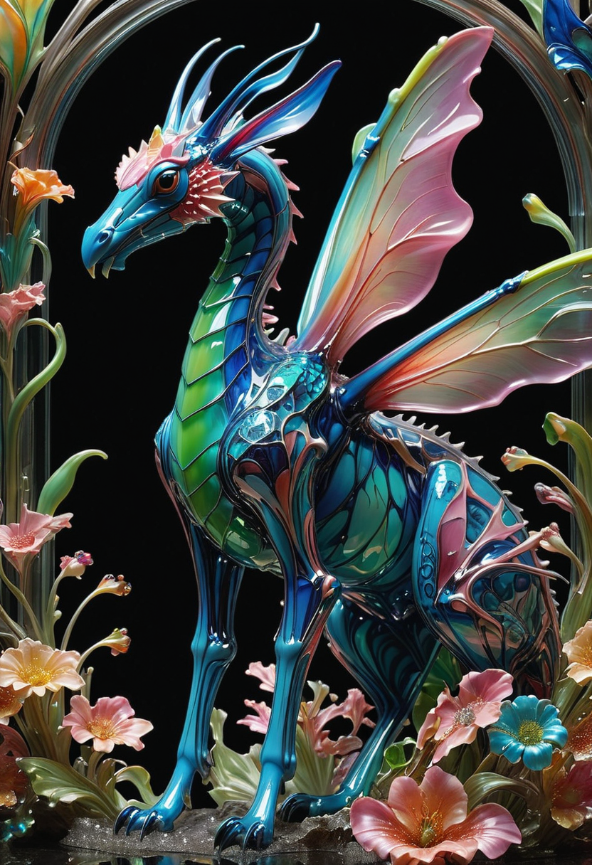  made out of,colorful,liquid,Murano Art glass,highres, 
A swarm of mantises, their exoskeletons formed from neon-lit, stained glass segments, gathers on a giant, bioluminescent flower. The mantises, each a different vibrant hue – electric blue, pulsating pink, acid green – seem to absorb the flower's light, their bodies glowing with an otherworldly intensity.