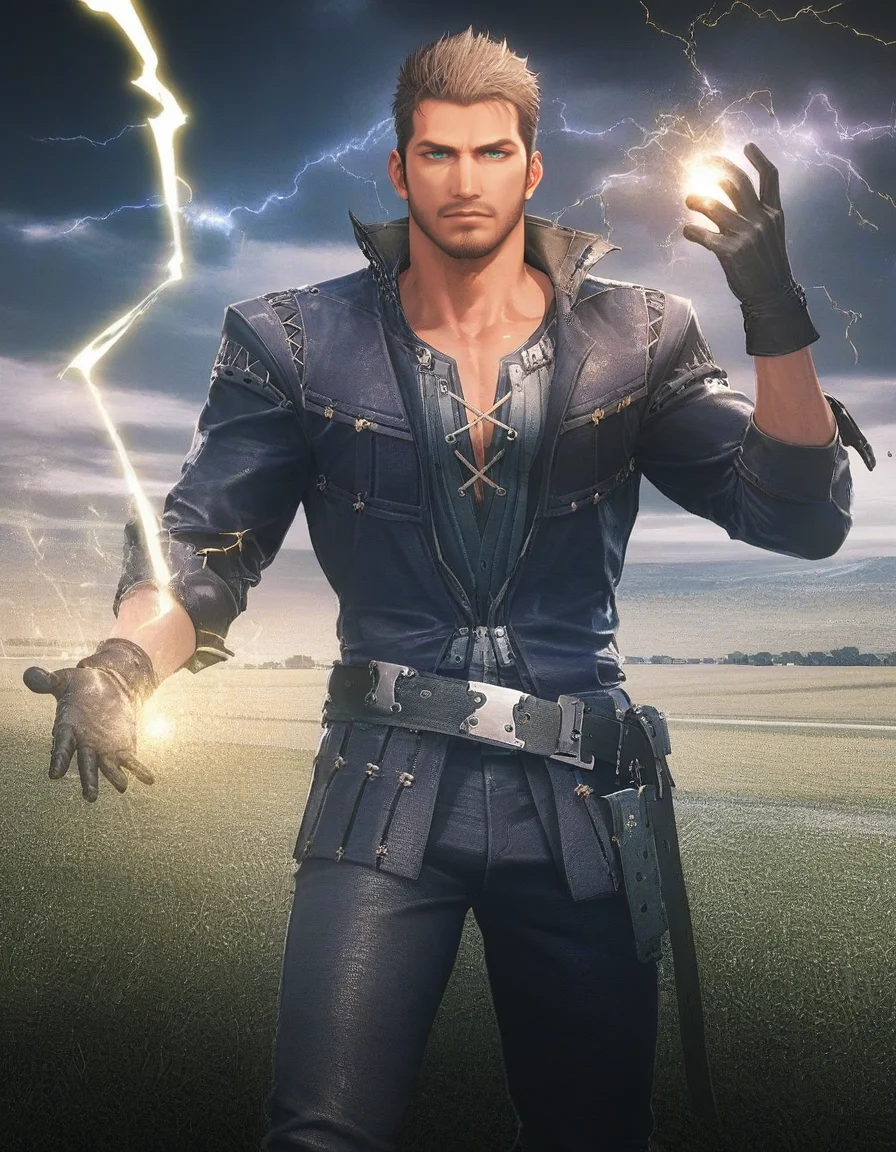 score_9, score_8_up, score_7_up, score_6_up, score_5_up, <lora:FF16 - Cidolfus Telamon - Pony 3-000007:0.7>cid_t, light brown hair, very short hair, green eyes, facial hair, jacket, shirt, belt, gloves, pants, boots, field, storm, lightning, magic, electricity, holding magic, looking at viewer, glowing blue eyes, cowboy shot