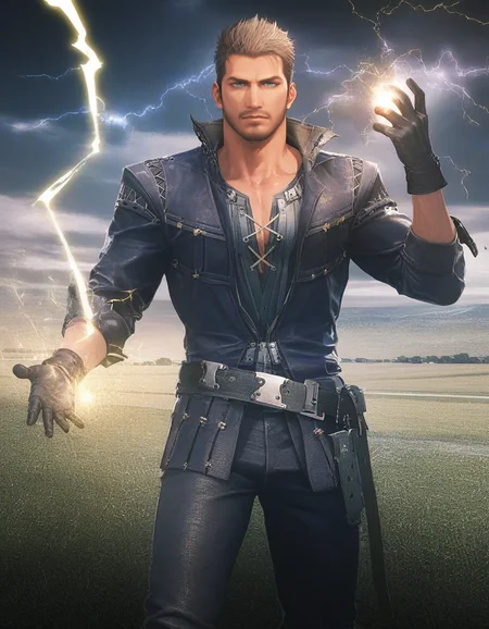score_9, score_8_up, score_7_up, score_6_up, score_5_up, <lora:FF16 - Cidolfus Telamon - Pony 3-000007:0.7>cid_t, light brown hair, very short hair, green eyes, facial hair, jacket, shirt, belt, gloves, pants, boots, field, storm, lightning, magic, electricity, holding magic, looking at viewer, glowing blue eyes, cowboy shot