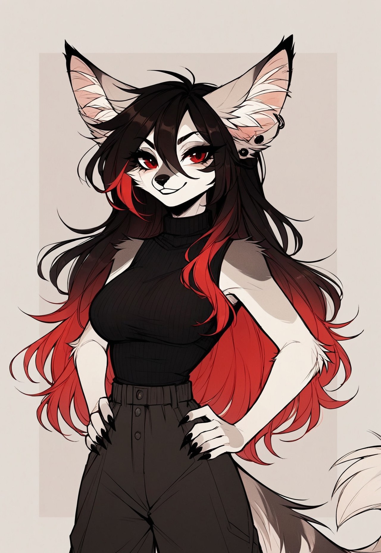 safe_pos, score_9_up, score_8_up, score_7_up, score_6_up, source_furry, (best quality:1.1), ultra-detailed, high resolution, highly detailed macro illustration, solo BREAK 1girl, Rixa, anthro, female, (gray and white fur), animal ears, earrings, black ear tips, fluff in ears, thin black eyebrows, black animal nose, (beautiful red eyes:1.4), (long eyelashes:1.2), black hair, red tipped hair, long hair, striped fluffy tail, slim, narrow waist, breasts, smirk BREAK black top, look at viewer, hands on hips, black claws BREAK abstract background, highly visible, sharp focus, anatomically correct