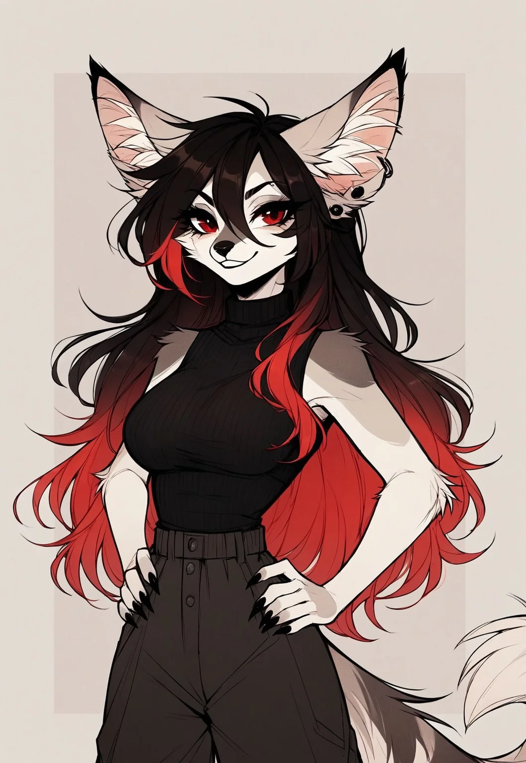 safe_pos, score_9_up, score_8_up, score_7_up, score_6_up, source_furry, (best quality:1.1), ultra-detailed, high resolution, highly detailed macro illustration, solo BREAK 1girl, Rixa, anthro, female, (gray and white fur), animal ears, earrings, black ear tips, fluff in ears, thin black eyebrows, black animal nose, (beautiful red eyes:1.4), (long eyelashes:1.2), black hair, red tipped hair, long hair, striped fluffy tail, slim, narrow waist, breasts, smirk BREAK black top, look at viewer, hands on hips, black claws BREAK abstract background, highly visible, sharp focus, anatomically correct