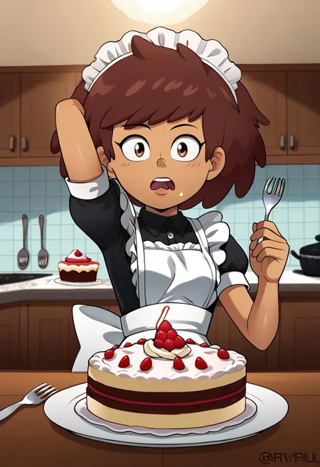 Reviruu, CHANNEBOONCHUY,
wearing maid uniform, maid headdress, feeding, food, open mouth, incoming food, looking at viewer, holding fork, cake, one hand behind head, indoors, in a kitchen, dynamic angle