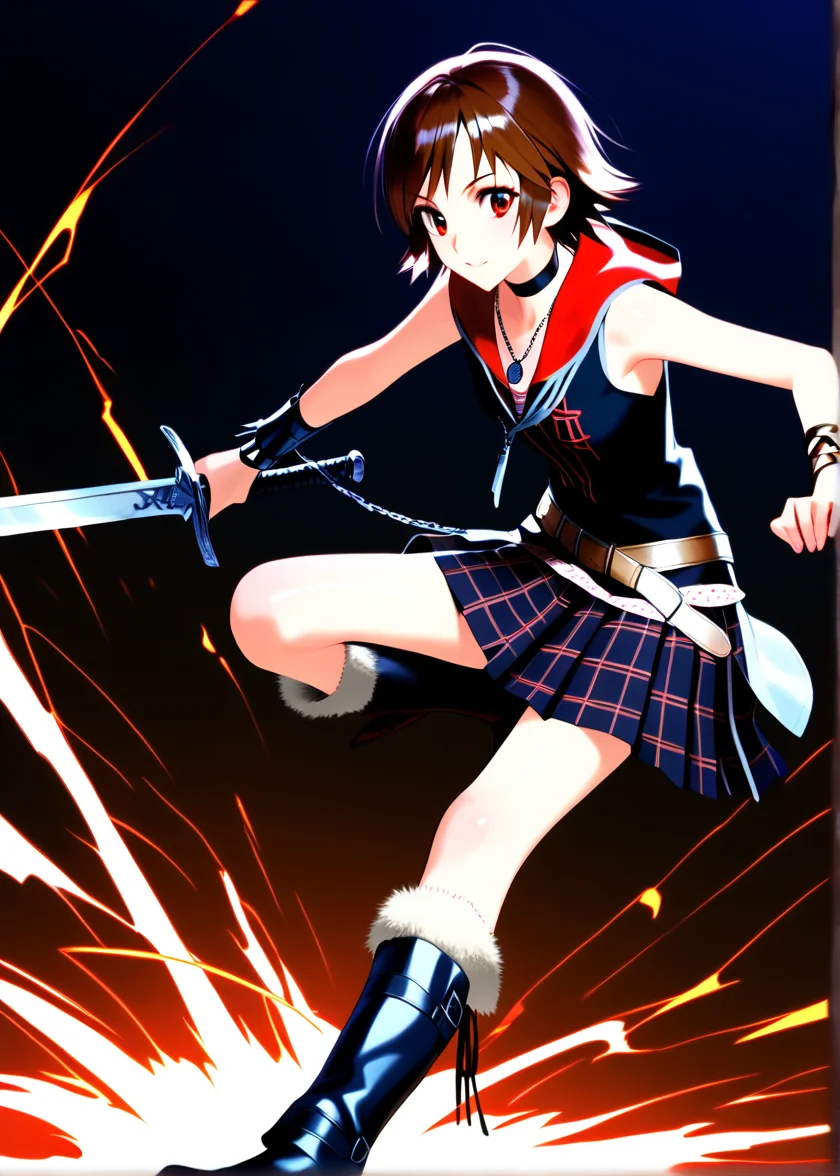 (zPDXL, score_9, score_8_up, score_7_up), irisamicitia, 1girl, short hair, brown hair, swept bangs, red eyes, black choker, pendant, jewelry, sleeveless, bare shoulders, hood down, bracelet, plaid skirt, pleated skirt, miniskirt, belt, chain, knee boots, black footwear, giant sword, killing a robot with a sword, swinging a broadsword, <lora:irisamicitia_sdxl:1>