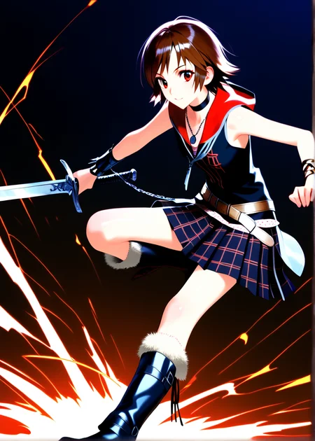 (zPDXL, score_9, score_8_up, score_7_up), irisamicitia, 1girl, short hair, brown hair, swept bangs, red eyes, black choker, pendant, jewelry, sleeveless, bare shoulders, hood down, bracelet, plaid skirt, pleated skirt, miniskirt, belt, chain, knee boots, black footwear, giant sword, killing a robot with a sword, swinging a broadsword,  <lora:irisamicitia_sdxl:1>