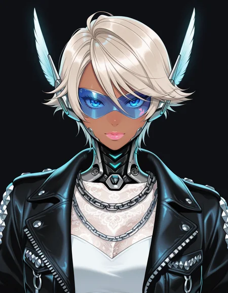 (masterpiece, best quality, ultra-detailed, absurdres, newest, detailed textures, correct anatomy:1),
fair-skinned woman with platinum blonde hair, wearing a black leather jacket adorned with intricate silver chain patterns and feather-like decorations, (mechanical jaw, mechanical neck:1.3), visor, soft blue and white lighting, ethereal and mysterious atmosphere, elegant and stylish, sci-fi elements, cyberpunk fashion, futuristic, high contrast, glowing feathers, smooth skin, glossy textures, dark background with subtle light effects, dramatic lighting, sophisticated and enigmatic, visually stunning, modern and contemporary style, fantasy elements, intricate design, mesmerizing visual, elegant and graceful, high fashion, surreal and dreamy, enchanting and alluring, <lora:Fleetway-Elson:0.25>, fleetway-elson, <lora:TSMPK-IL:0.25>, tsmpk style, <lora:n0riuma_style:0.25>, n0riuma_illu, <lora:p1ge0n666:0.25>, p1ge0n666_illu