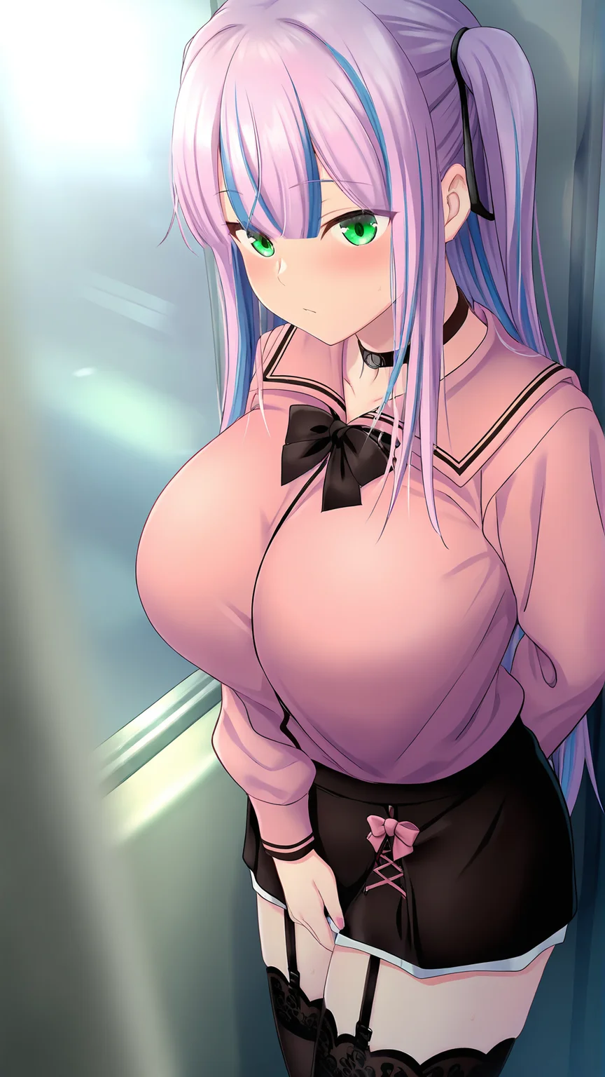 amazing quality,absurdres,best quality,masterpiece,highres,newest,detailed,detailed body,detailed face,masterpiece,best quality,solo,
rimika,1girl,green eyes,thighhighs,skirt,black skirt,multicolored hair,long hair,twintails,miniskirt,long sleeves,train interior,pink hair,shirt,purple hair,black thighhighs,bow,blue hair,ribbon,two-tone hair,jacket,
<lora:rimika:1>,