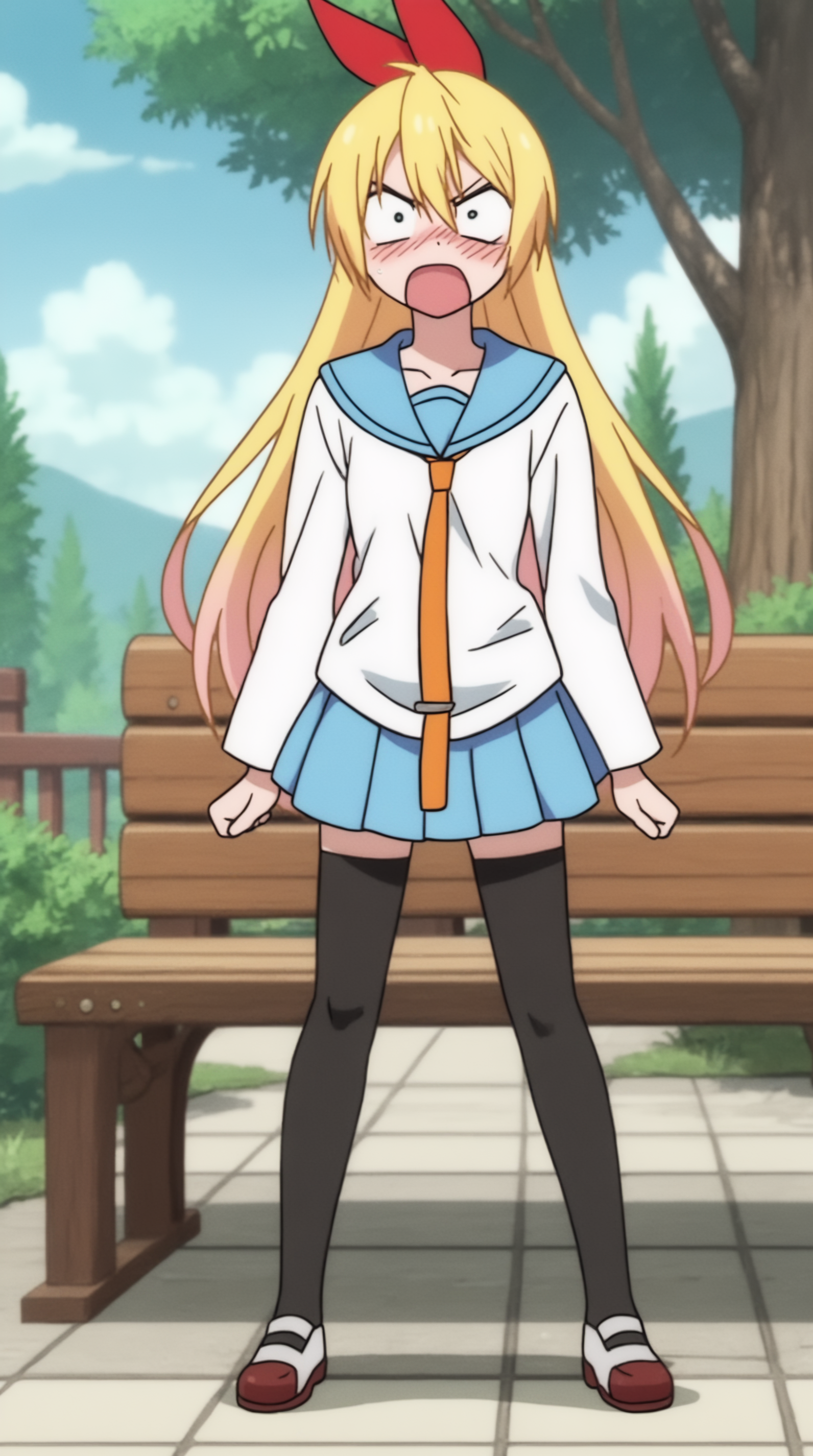 score_9, score_8_up, score_7_up,anime_source, source_anime, best background, detailed background, anime screencap, 4k, upscale,  Chitoge Kirisaki, Main Outfit, solo, open mouth, full body, outdoors, angry, bench, tsundere, blush,   <lora:JN_Chitoge_Kirisaki_Pony:0.8>