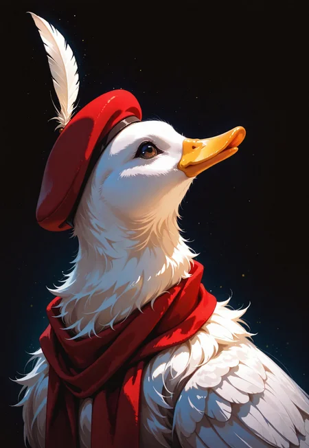 animal_focus, duck, looking_up,  no_humans, from side, portrait, red_scarf, beret, fluffy feathers, radiant background, dark background, photo \(medium\),  masterpiece, best quality, good quality, very awa, very aesthetic, absurdres, newest, opill