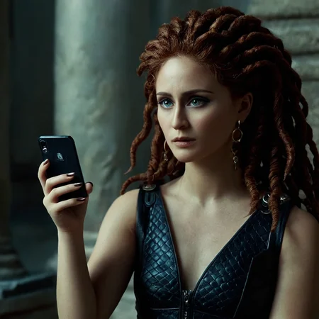 cinematic film still of <lora:add-detail-xl:0.1>1
<lora:detailed:0.3> realism
<lora:perfection style:0.2> perfect
<lora:eyetune:0.6>
<lora:xl_more_art-full_v1:0.1>
<lora:Ron Fricke style:0.3>
<lora:Unreal Engine style:0.3>
<lora:TeethXL:0.3>
<lora:Chiaroscuro Lighting Style:0.3> Chiaroscuro Lighting Style
<lora:Greek mythology style:1>
In ancient mythical legendary world, Gorgo a woman with dreads holding a cell phone, ancient Greeks, historical mythical movie themed, sharp, detailed, epic cinematic photography, artistic creative style, dramatic light style, cinematic color style, Kodak film style, Greek mythology style, 1girl, solo, blue eyes, long sleeves, holding, upper body, nail polish, lips, phone, cellphone, red nails, smartphone, holding phone, tentacle hair, alien, dreadlocks, brown hair, jewelry, jacket, ring, realistic, black jacket, snake hair, photorealistic
<lora:Medusa:0.5> Medusa, shallow depth of field, vignette, highly detailed, high budget, bokeh, cinemascope, moody, epic, gorgeous, film grain, grainy
