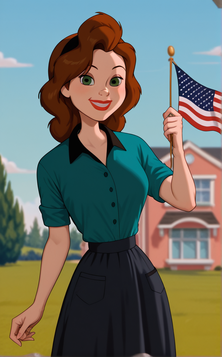 score_9, score_8_up, score_7_up, absurdres, portrait, american flag, flag background, smile, vertical stripes, striped, star symbol, <lora:PONYXL_IronGiant_AnnieHughes_ownwaifu:1>, BREAK GreenShirt_AnnieHughes_ownwaifu, 1girl, aqua shirt, black hairband, black skirt, blue shirt, breasts, brown hair, collared dress, collared shirt, eyeshadow, green eyes, green shirt, lipstick, long hair, long skirt, makeup, medium breasts, nose, polo shirt, red lips, short sleeves, sleeves rolled up, <lora:add-detail-xl:0.15>,